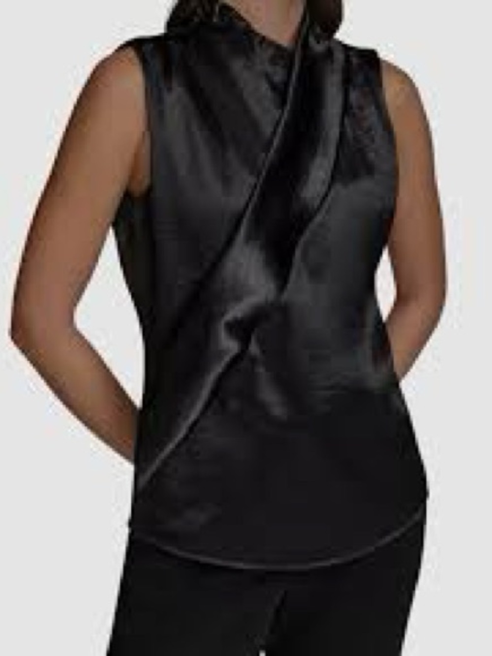NWT Large Donna Karan Black Satin Sleeveless Draped Neck Top
